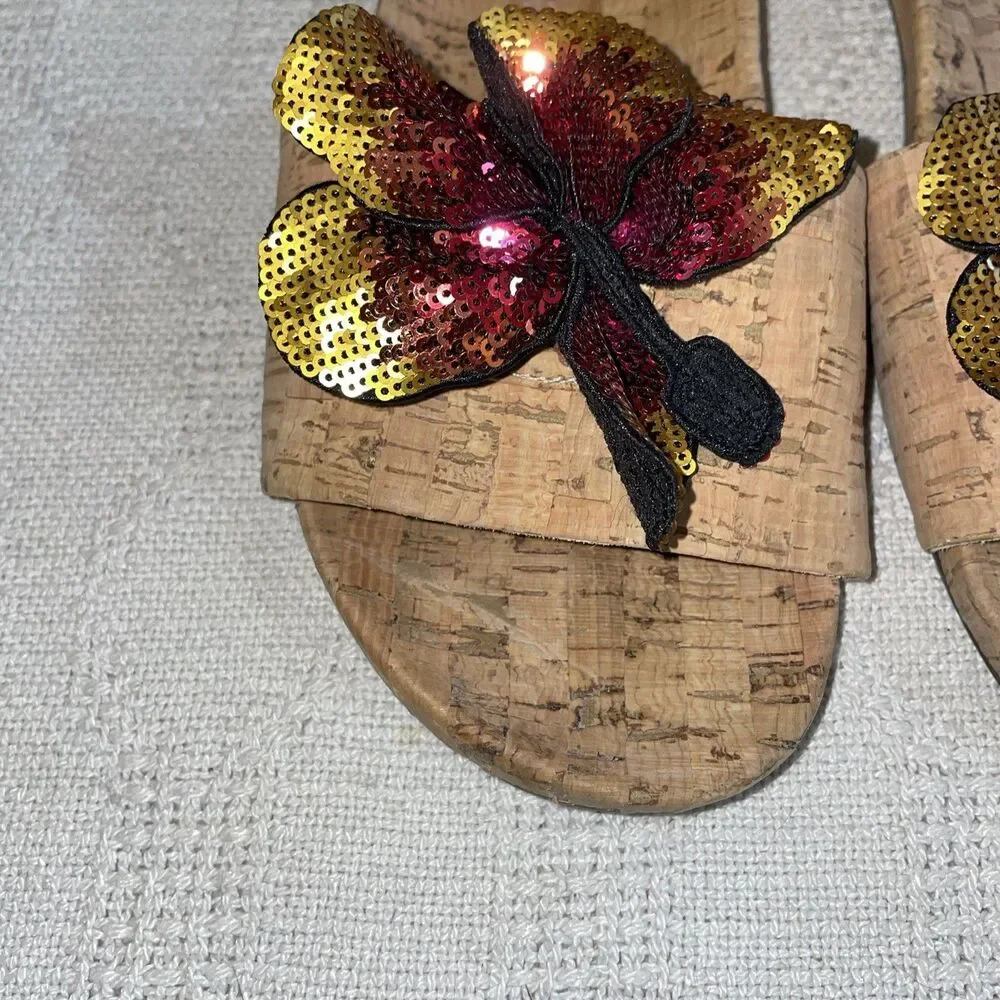 Schutz Women’s Slide Sandals Size 8 B Tan Cork Print Beach Cruise Island
